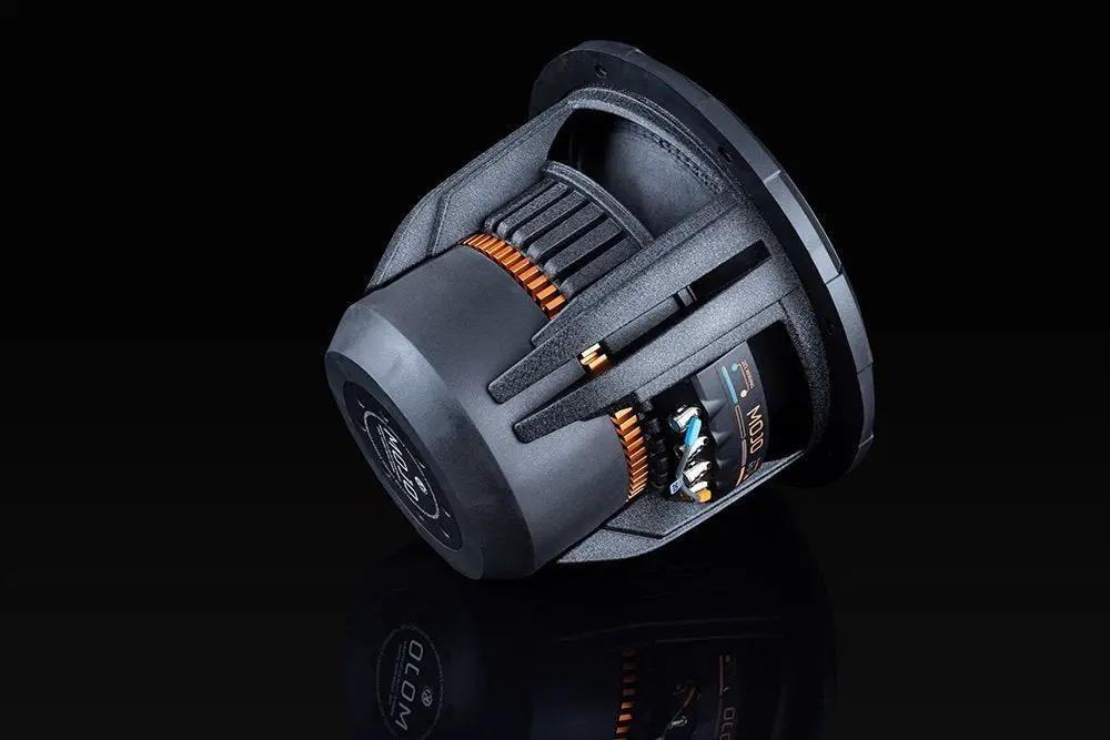 Memphis MOJO subwoofer rear-side view on a reflective black surface, showing its basket and copper-colored windings
