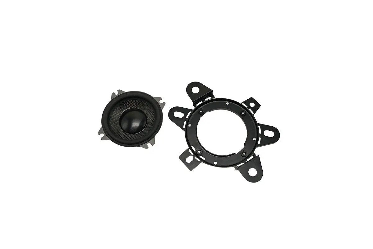 Memphis small speaker beside a black multi-tab mounting adapter ring