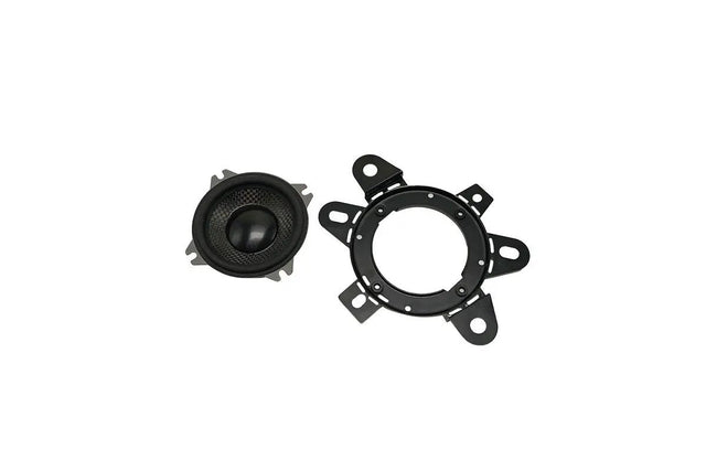 Memphis small speaker beside a black multi-tab mounting adapter ring