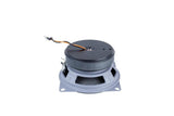 Rear of a small coaxial speaker with a gray basket, black magnet and short orange-and-black lead