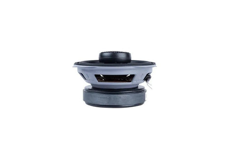 Side of a coaxial speaker, showing its raised tweeter, gray basket and black magnet