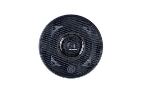 Round black mesh speaker grille with a central Memphis logo