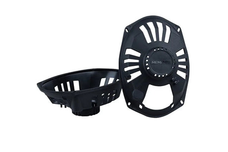 Two black oval speaker baskets with radial openings and center mounting plates