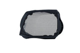 Angled view of a black rectangular saddlebag speaker grille