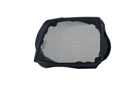 Angled view of a black rectangular saddlebag speaker grille