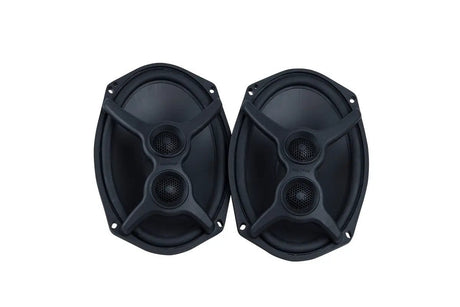Two oval black Memphis speakers with mesh-covered tweeters over their cones