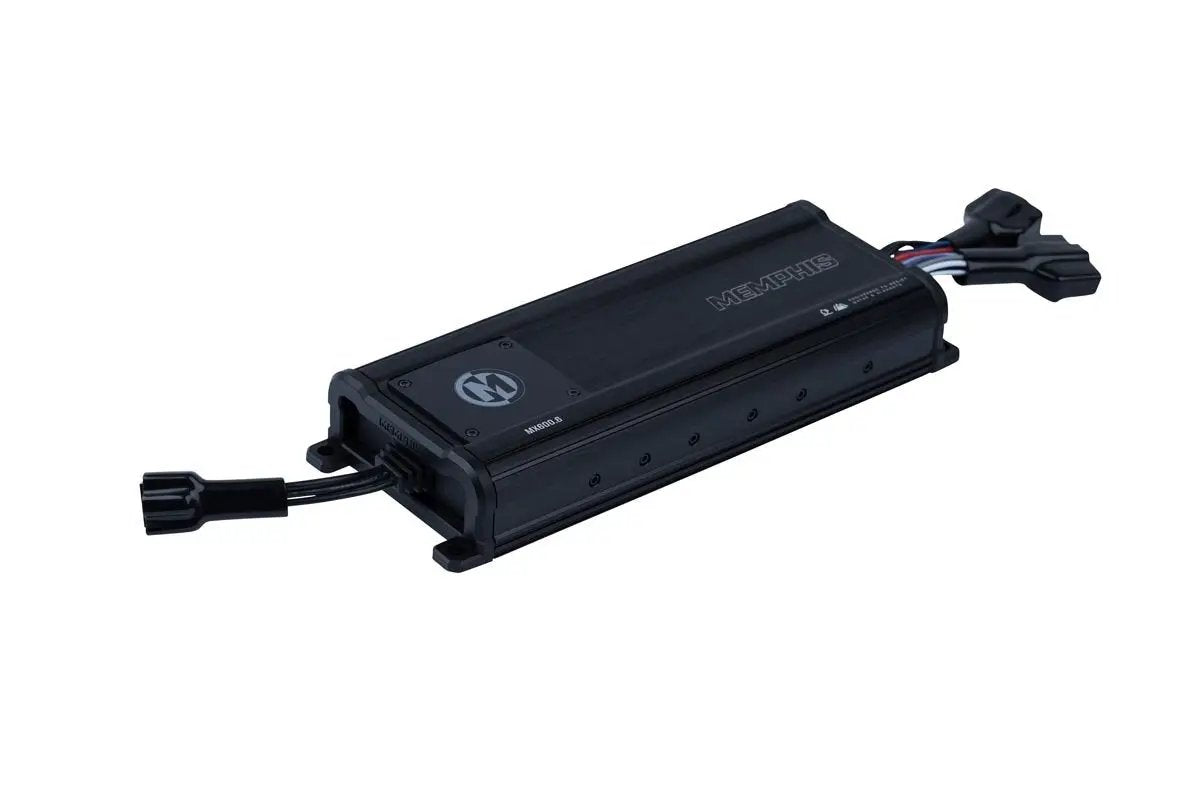 Compact black Memphis amplifier with molded end covers and attached connector leads