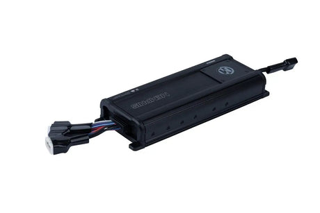 Black Memphis amplifier with attached wiring connectors, angled view