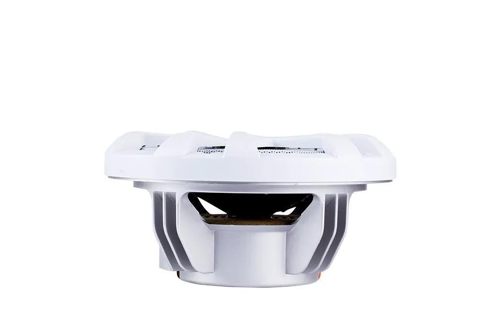 White marine speaker, side basket view