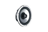 Angled ungrilled speaker with a silver cone and raised central tweeter
