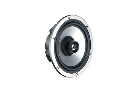 Angled ungrilled speaker with a silver cone and raised central tweeter