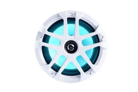 Memphis speaker with a white eight-spoke grille and a cyan-lit cone