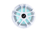 Memphis marine speaker with a white spoke-and-mesh grille and cyan illumination