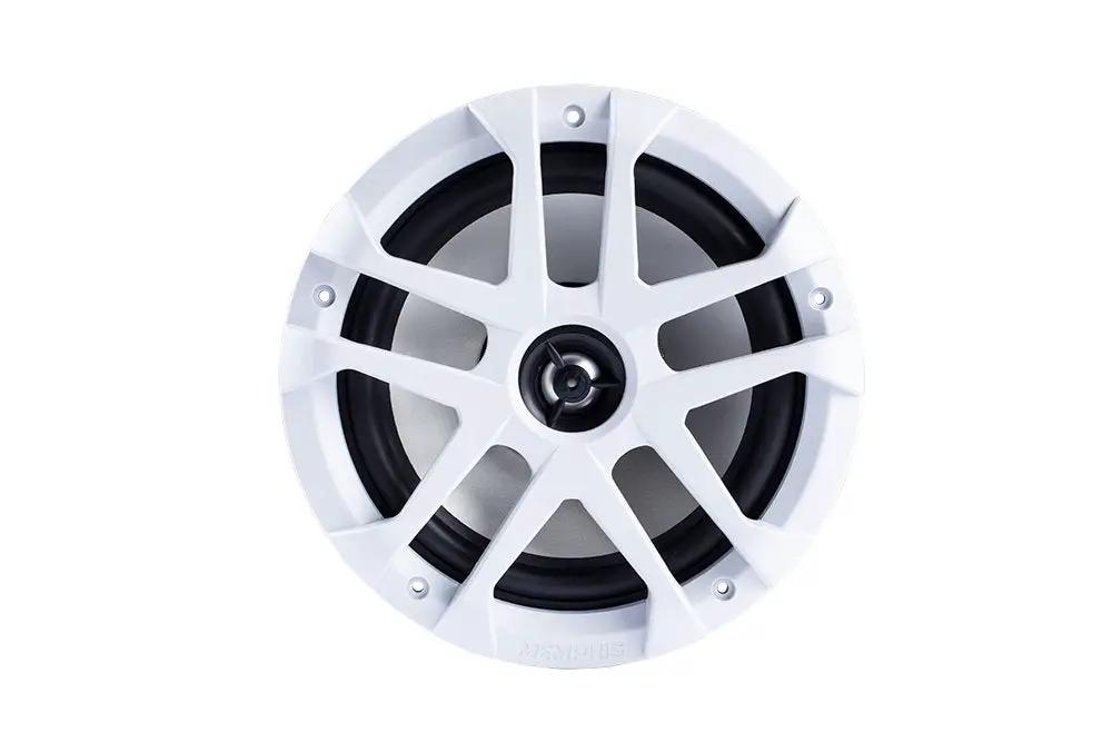 White marine speaker with a central tweeter and spoke grille, front view