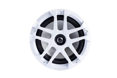White marine speaker with a central tweeter and spoke grille, front view