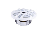 White marine speaker with a spoke grille, angled view