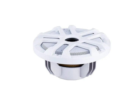 White marine speaker with a spoke grille, angled view