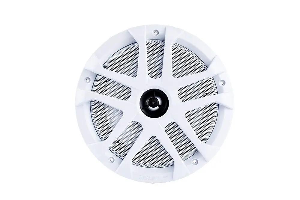 Front of a Memphis speaker with a white eight-spoke grille and mesh behind the spokes