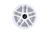 Front of a Memphis speaker with a white eight-spoke grille and mesh behind the spokes