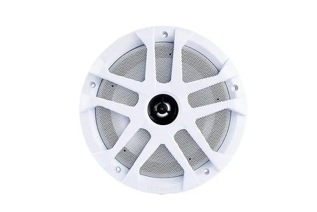 Front of a Memphis speaker with a white eight-spoke grille and mesh behind the spokes
