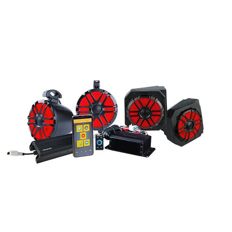 Audio-system components with four red-accented speaker grilles, touchscreen controller, amplifier and wiring