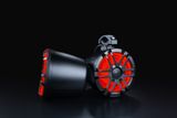 Pair of black Memphis speaker pods showing red-lit grilles and mounting clamps