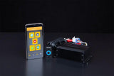 Memphis receiver module, wiring and blue-ring control knob beside a phone app reference screen
