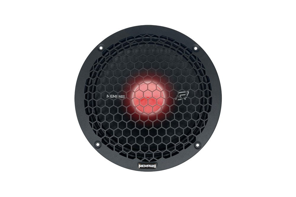 Memphis speaker with a black honeycomb grille and red illuminated center