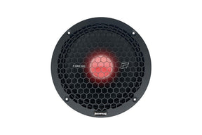 Memphis speaker with a black honeycomb grille and red illuminated center