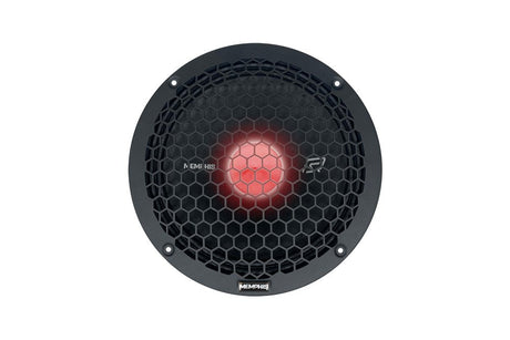 Memphis speaker with a black honeycomb grille and red illuminated center