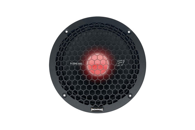 Memphis speaker with a black honeycomb grille and red illuminated center