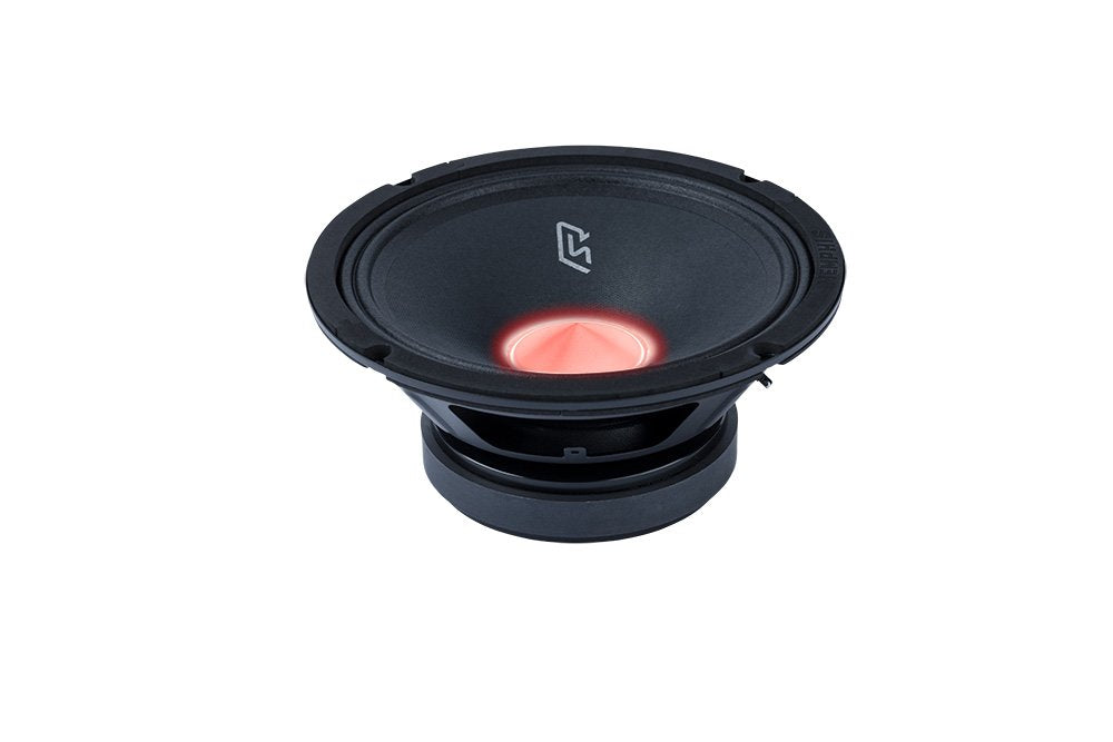 Angled Memphis speaker with a black cone and red illuminated center, without its grille