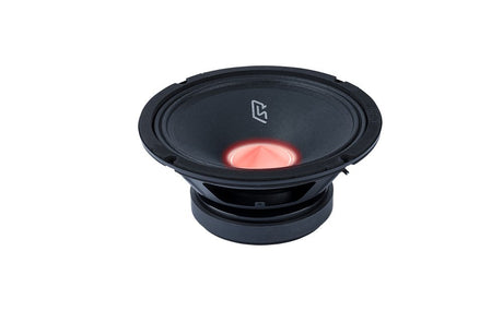 Angled Memphis speaker with a black cone and red illuminated center, without its grille
