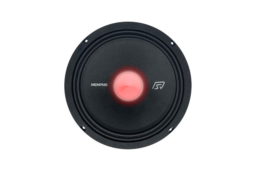 Front of a Memphis speaker with a black cone and red illuminated center