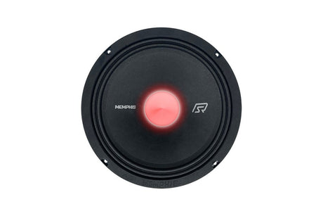 Front of a Memphis speaker with a black cone and red illuminated center