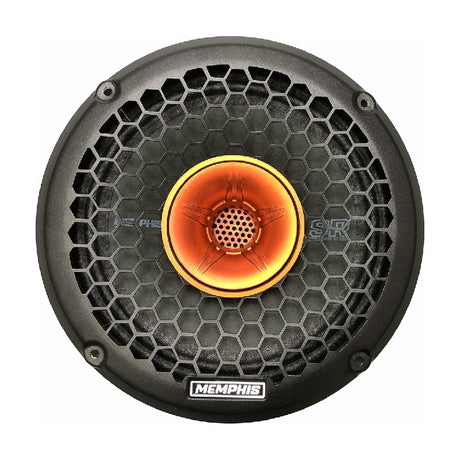 Front of a Memphis speaker with a honeycomb grille and orange central tweeter horn