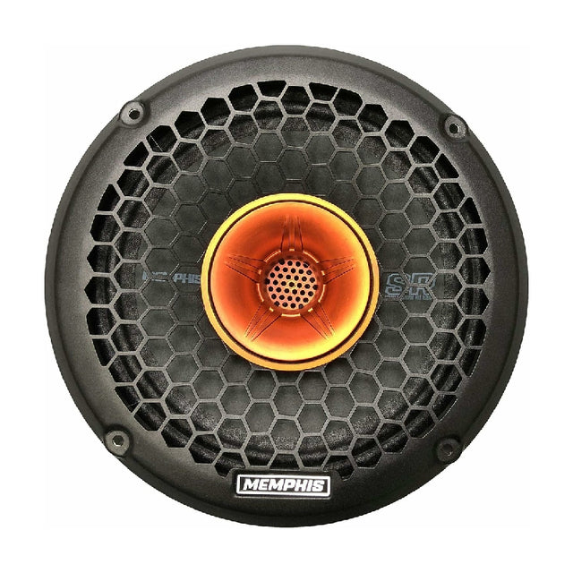 Front of a Memphis speaker with a honeycomb grille and orange central tweeter horn
