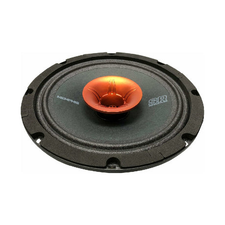 Angled Memphis speaker with a black cone and orange flared central tweeter