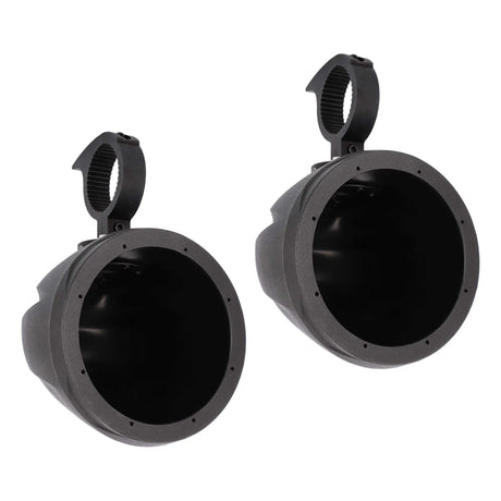 Pair of empty black speaker pods with circular openings and top mounting clamps