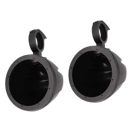 Two empty black speaker pods with mounting clamps, angled front view