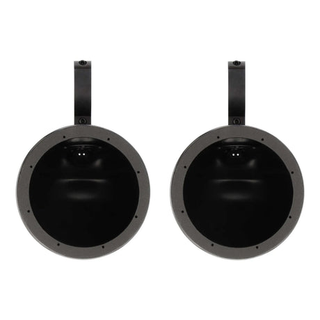 Front view of two empty black speaker pods with mounting clamps