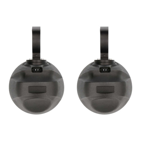 Rear view of two black speaker pods with mounting clamps and connector sockets