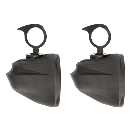 Two black unloaded speaker pods viewed from the rear, showing their housings and mounting clamps