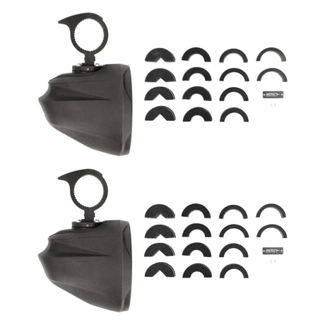 Pair of black speaker pod housings with mounting clamps, inserts and hardware