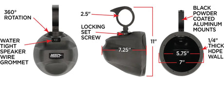 Metra speaker-pod dimensions: 7-inch outside diameter, 5.75-inch opening, 7.25-inch depth and 11-inch height with a 2.5-inch rotating clamp