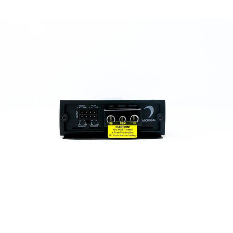 Diamond Audio amplifier connection panel with three adjustment knobs and a yellow warning label