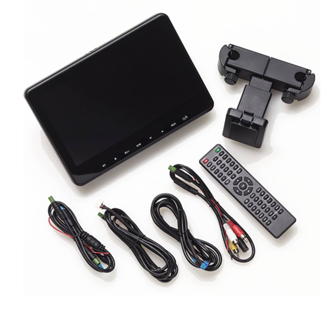Black video monitor with headrest mounting bracket, remote control and connection cables