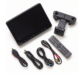 Black video monitor with headrest mounting bracket, remote control and connection cables