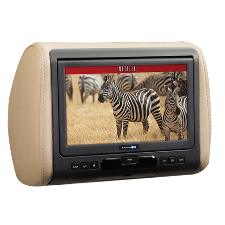 Movies To Go monitor in a light-colored headrest with front-panel controls