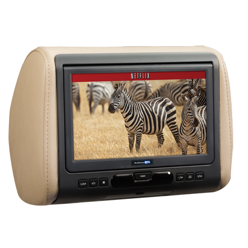 Movies To Go monitor in a light-colored headrest with front-panel controls